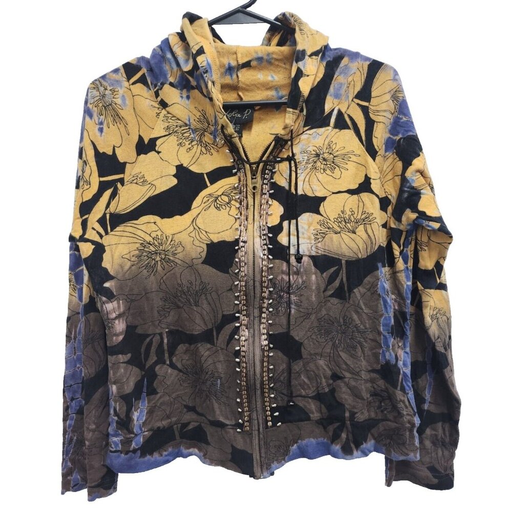 Lola P. Womens Wearable Art Hoodie Medium Tie Dye Floral Beaded Hippie‎ BOHO